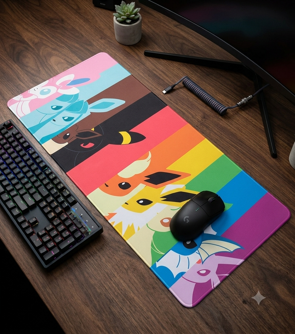 Premium Pokémon TCG playmats featuring iconic artwork, smooth fabric top, and non-slip rubber backing for competitive gameplay.