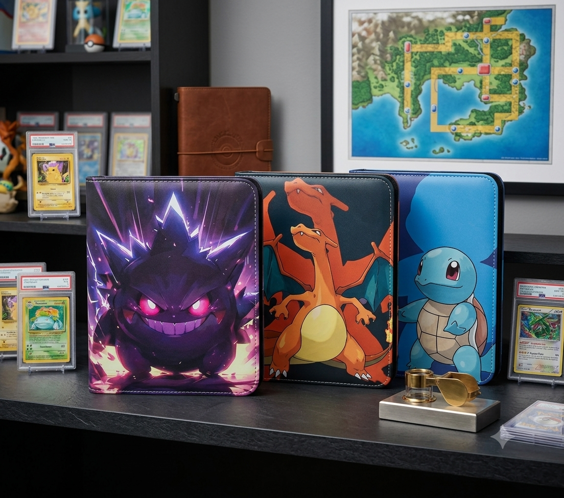 Pokémon 4-Pocket Binder with Gengar, Squirtle, and Charizard artwork for secure, archival-safe card storage