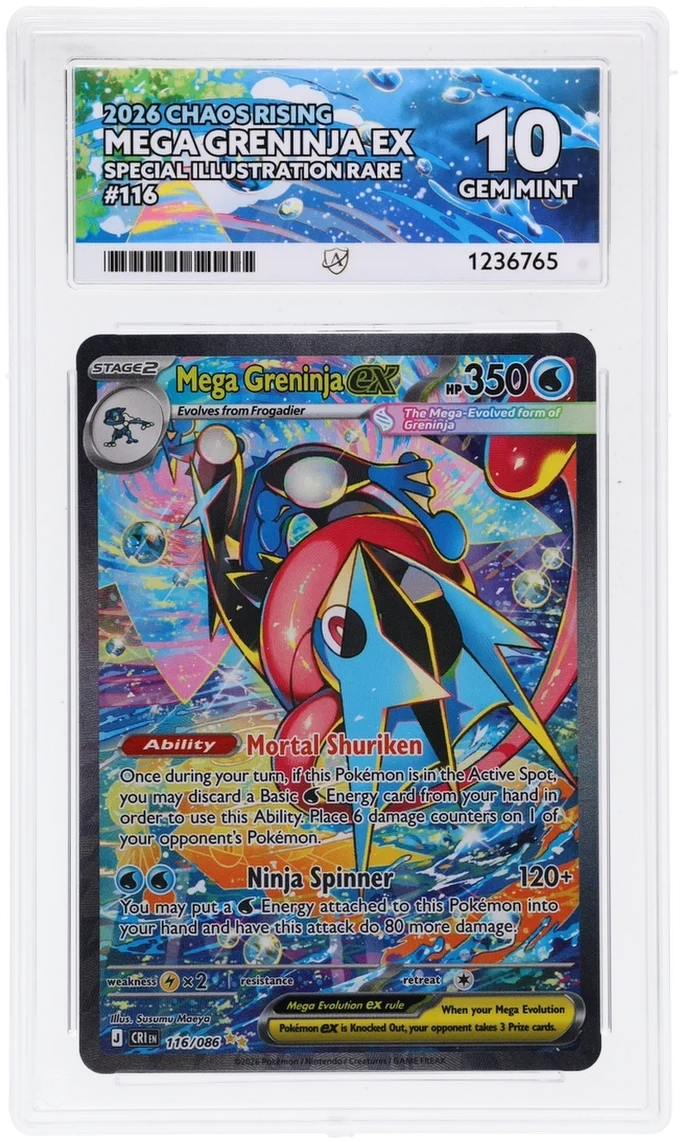 Mega Greninja 116/086 Chaos Rising ACE 10 Gem Mint Pokémon TCG card with perfect subs