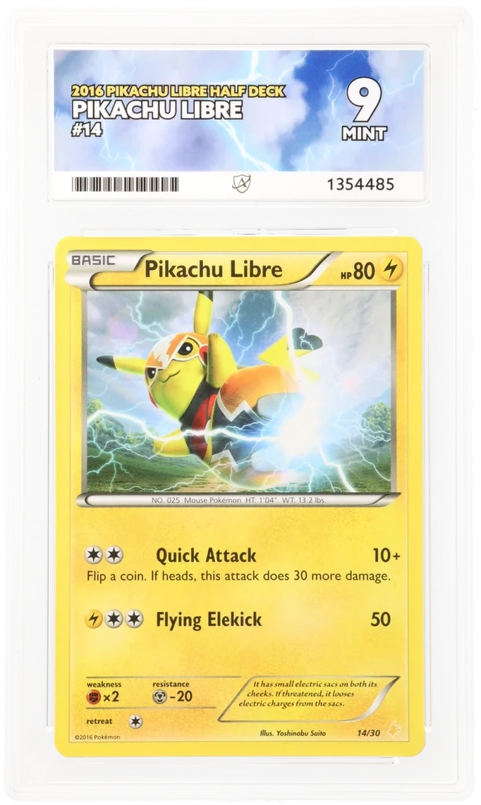 Pikachu Libre 14/30 Pokémon card graded ACE 9 Mint with top subgrades in centering, surface, and edges