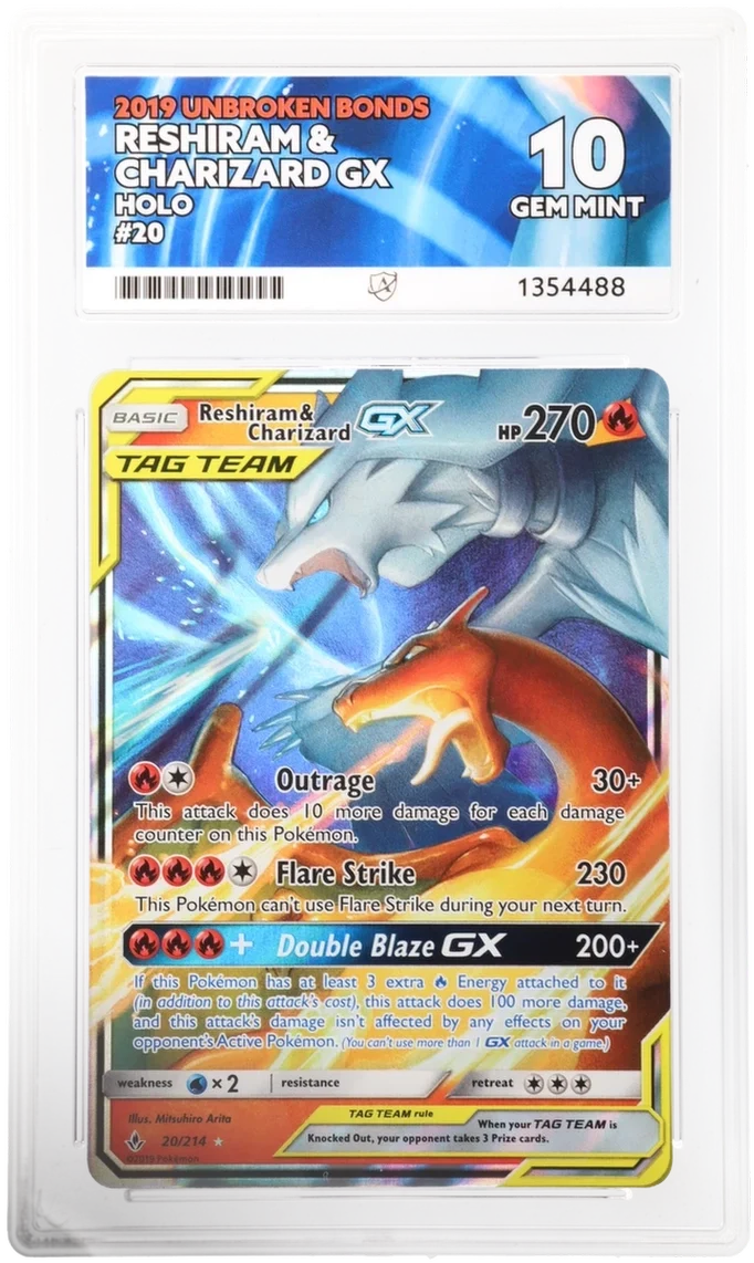 Reshiram & Charizard GX 20/214 Tag Team Ultra Rare Pokémon card ACE 10 Gem Mint grade from Unbroken Bonds set