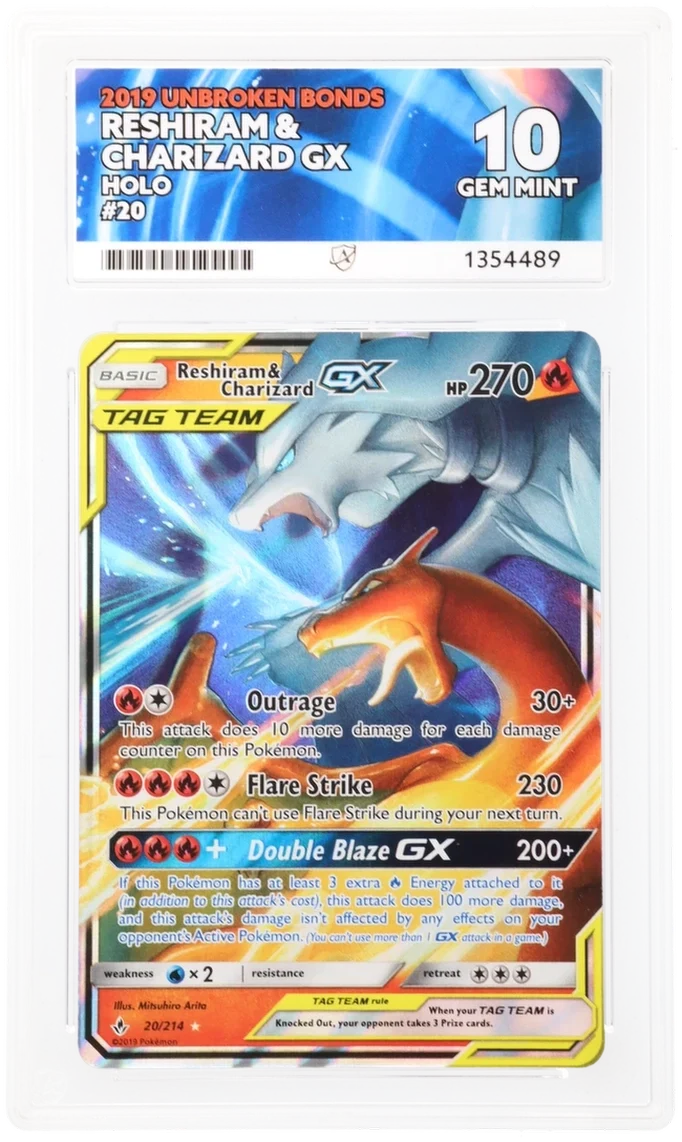 Reshiram & Charizard GX 20/214 Tag Team Ultra Rare Pokémon card in ACE 10 Gem Mint condition with perfect subgrades