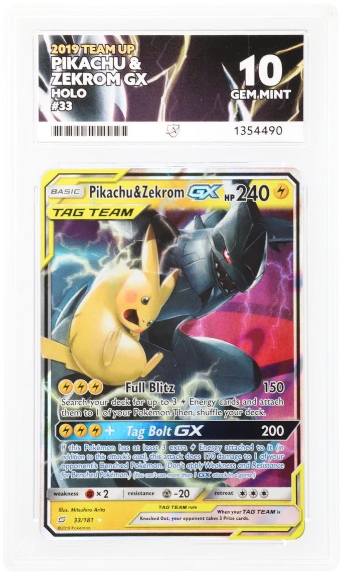 Pikachu & Zekrom GX 32/181 Tag Team card PSA 10 Gem Mint with perfect sub grades from Sun & Moon Team Up set