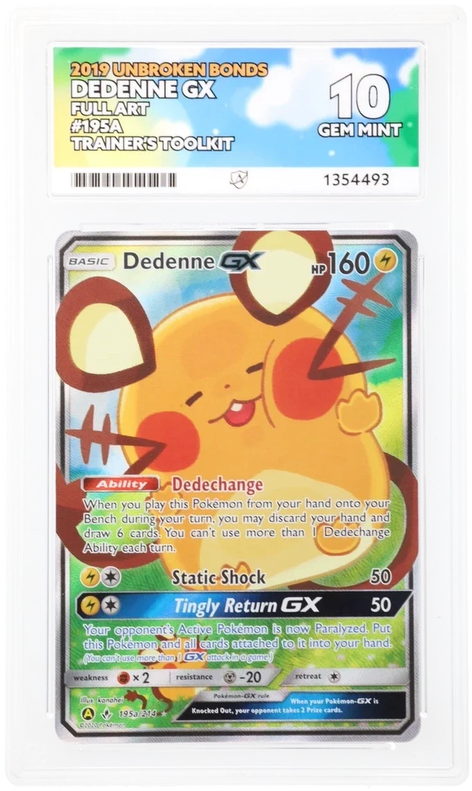 Dedenne GX 195a/214 Full Art Ultra Rare Pokémon card graded ACE 10 Gem Mint with perfect sub grades