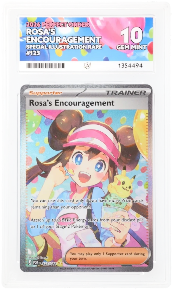 Rosa's Encouragement Special Illustration Rare Pokémon card graded ACE 10 Gem Mint with perfect sub grades