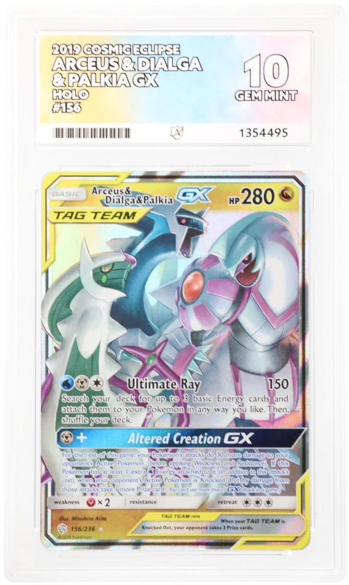 Arceus & Dialga & Palkia GX 156/236 Tag Team ACE 10 Gem Mint Pokémon card with perfect sub grades from Cosmic Eclipse set