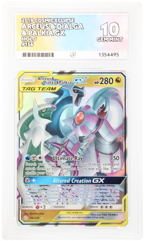 Arceus & Dialga & Palkia GX 156/236 Tag Team ACE 10 Gem Mint Pokémon card with perfect sub grades from Cosmic Eclipse set
