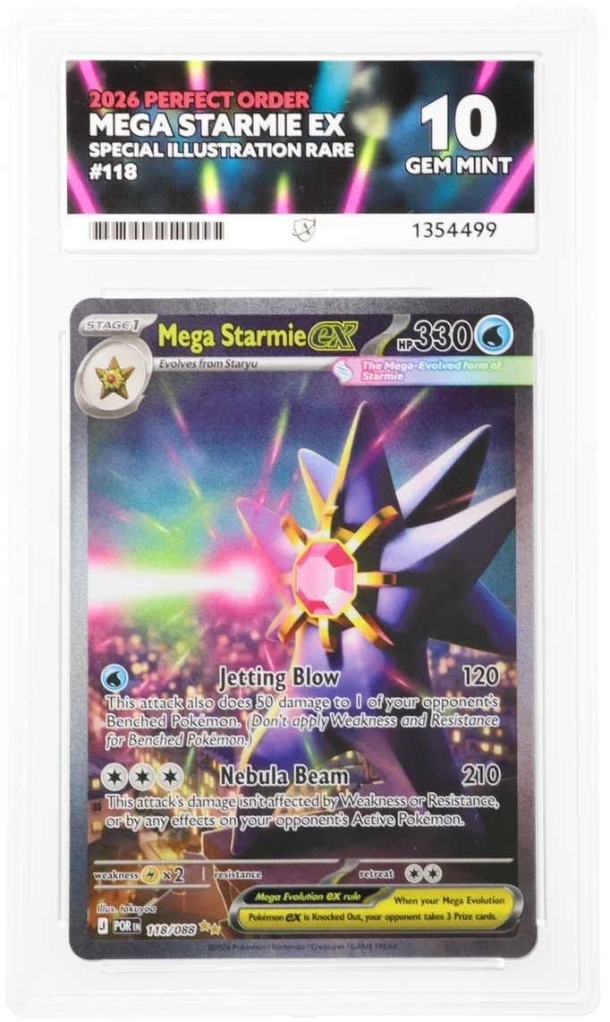 Mega Starmie EX 118/088 Special Illustration Rare ACE 10 Gem Mint card with perfect sub grades and cosmic artwork