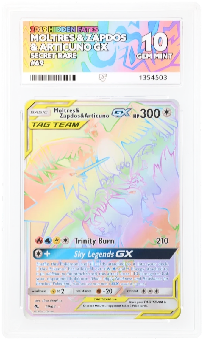 Moltres Zapdos Articuno GX 69/68 Secret Rare Tag Team Pokémon card ACE 10 Gem Mint grade