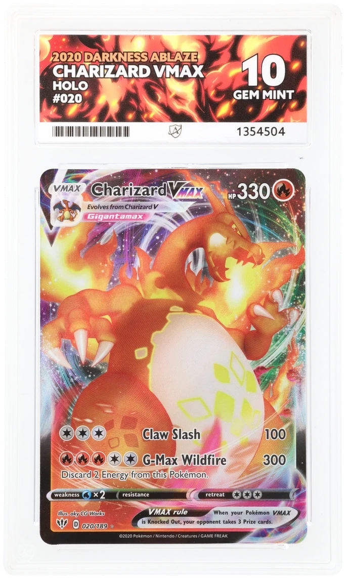 Charizard VMAX 020/189 Darkness Ablaze card ACE 10 Gem Mint grade with perfect 10/10/10/10 sub grades ultra rare Pokémon collectible