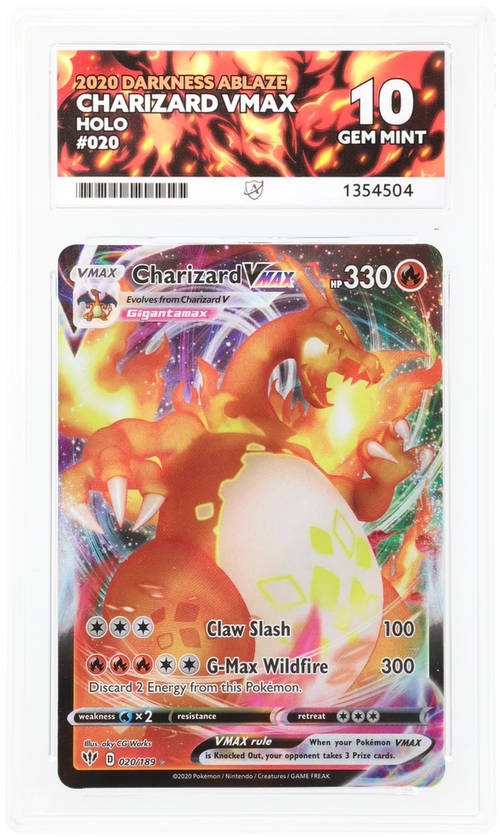 Charizard VMAX 020/189 Darkness Ablaze card ACE 10 Gem Mint grade with perfect 10/10/10/10 sub grades ultra rare Pokémon collectible