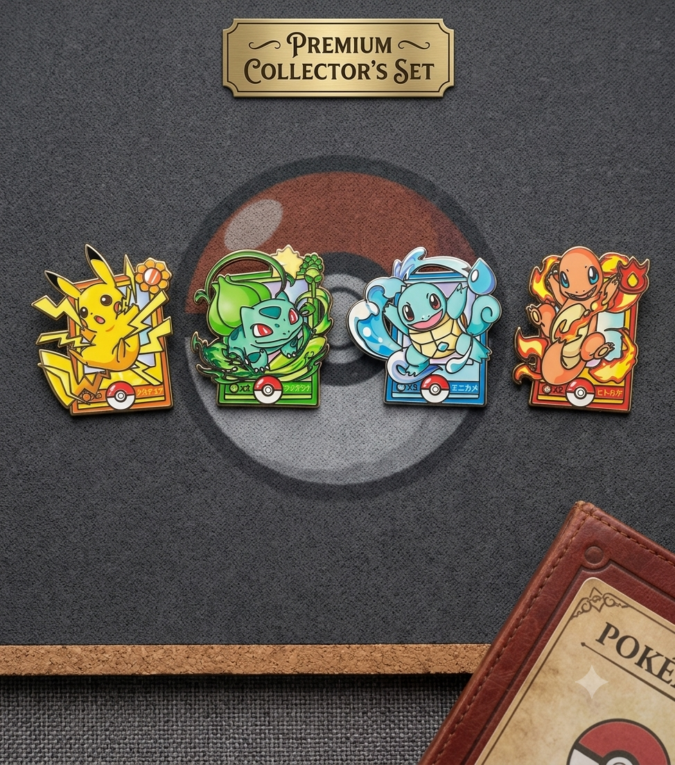 Collection of vibrant Pokémon enamel pins featuring Bulbasaur, Squirtle, Mew, Charmander, Charizard, and Pikachu