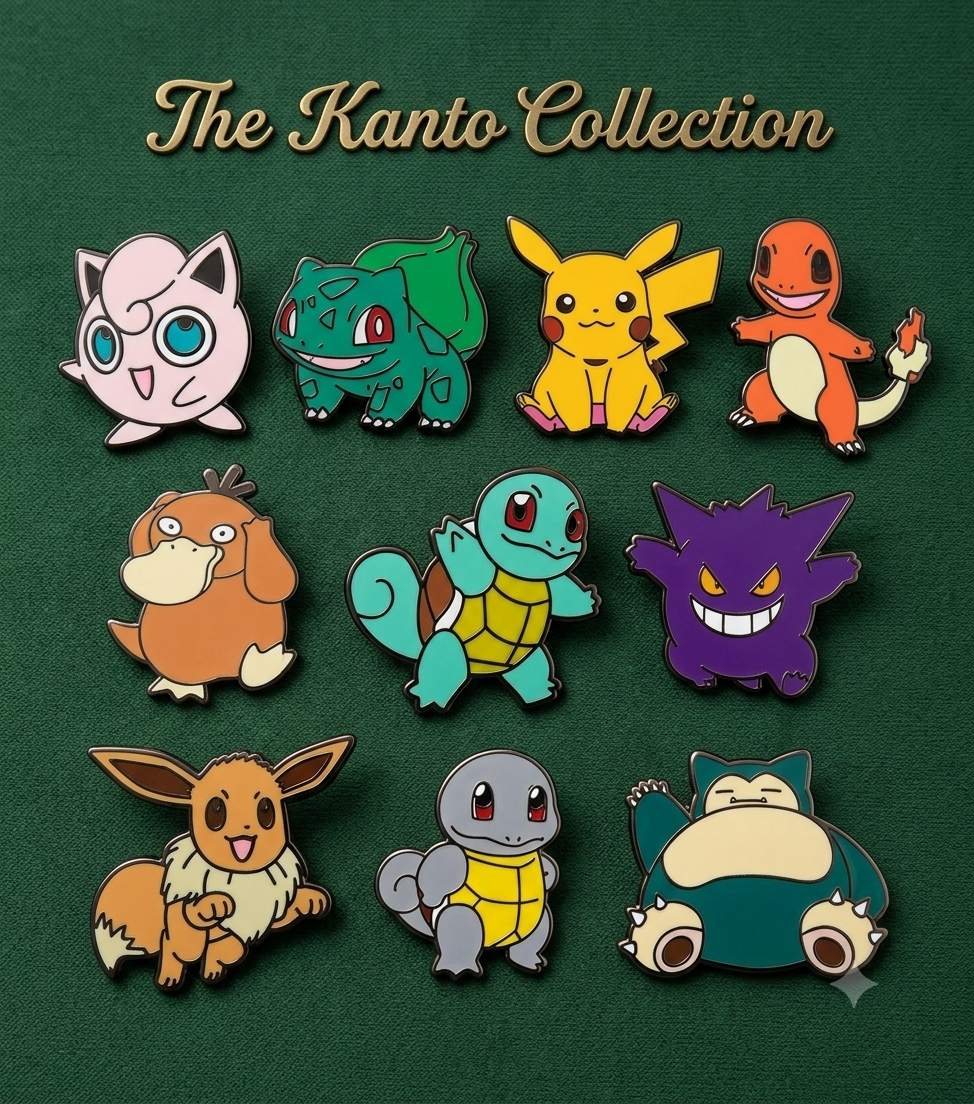 Collection of vibrant Pokémon enamel pins including Bulbasaur, Squirtle, Mew, Charmander, Charizard, and Pikachu on metal alloy base