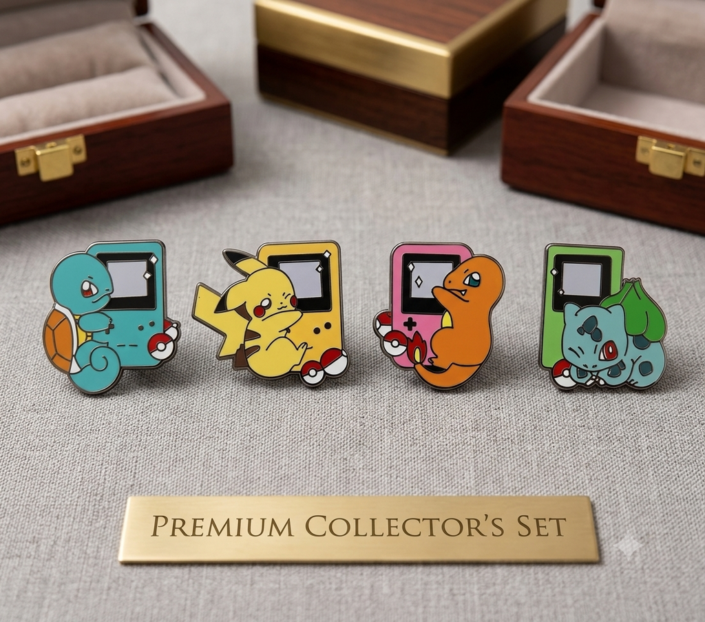 Pokémon enamel pin featuring popular characters like Pikachu, Charizard, and Bulbasaur with vibrant colors and durable metal design