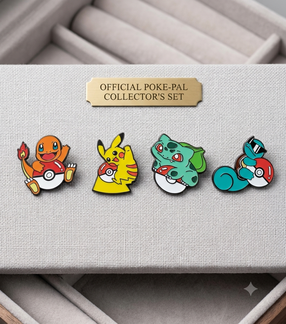 Assorted high-quality Pokémon enamel pins featuring Bulbasaur, Squirtle, Mew, Charmander, Charizard, and Pikachu designs