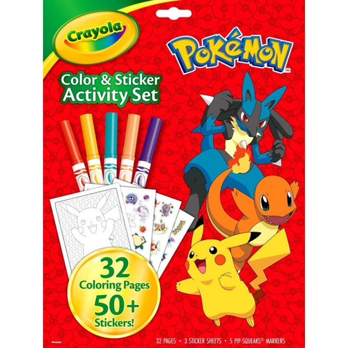 Crayola Pokémon Color & Sticker Activity Set with Pikachu, Charmander, Lucario on cover and markers