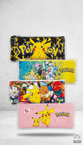 Collection of premium Pokémon multi-design pencil cases featuring Pikachu, Eevee, and other iconic characters in vibrant, durable styles