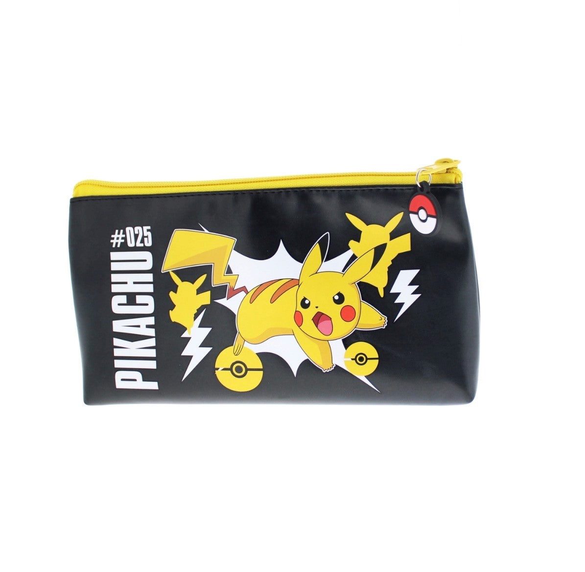 Pokémon Pikachu pencil case with black background, vibrant Pikachu #025 comic design, yellow zipper, and Pokéball zipper pull