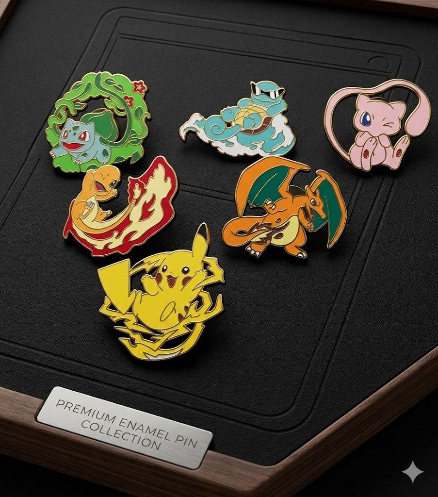 Pokémon Enamel Pin collection featuring Bulbasaur, Squirtle, Mew, Charmander, Charizard, and Pikachu with vibrant colors and durable metal design