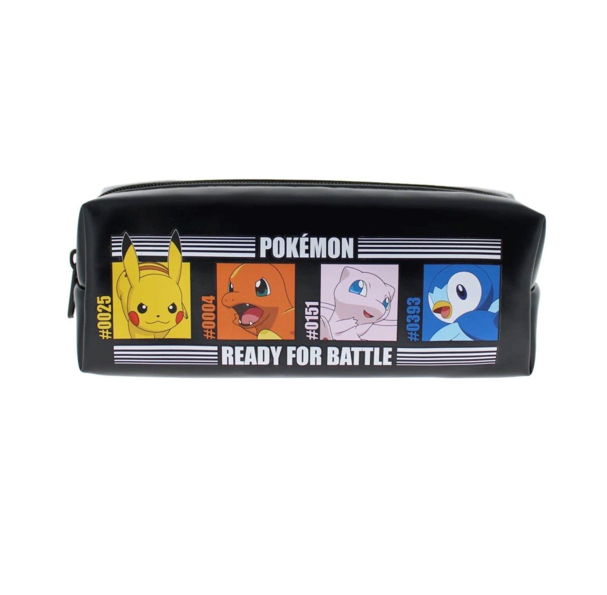 Pokémon Ready For Battle pencil case with Pikachu, Charmander, Mew, and Piplup design on black zippered pouch