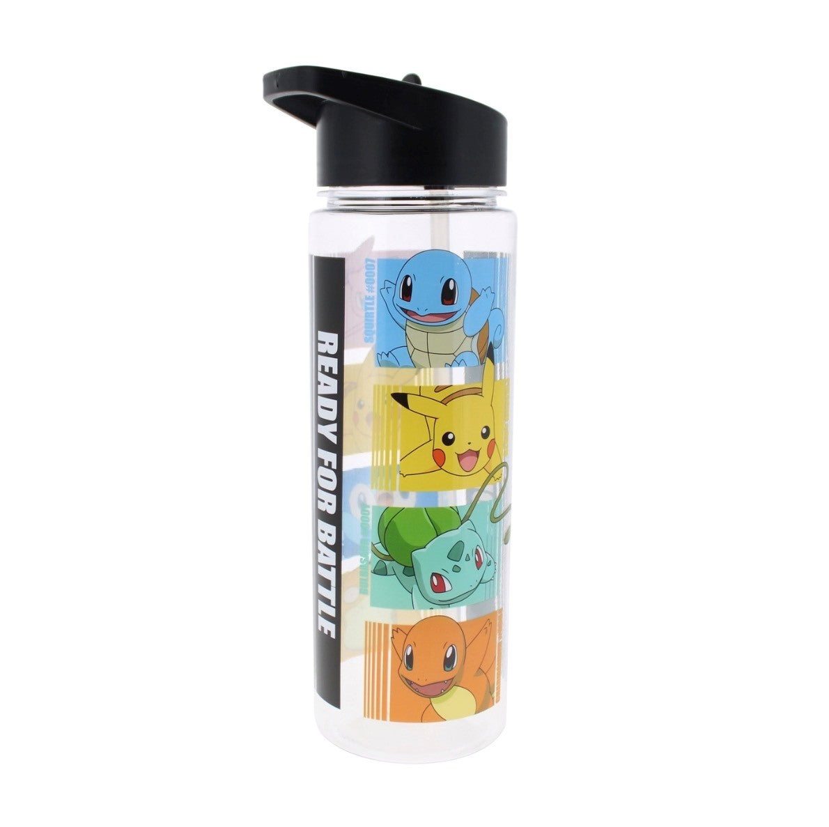 Clear Pokémon Ready for Battle water bottle featuring Pikachu, Squirtle, Bulbasaur, and Charmander with black flip-top lid and carry loop