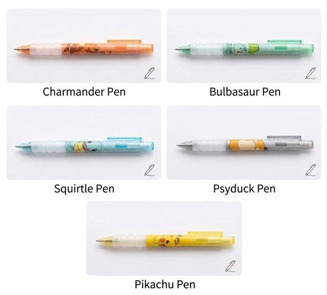 Set of Pokémon Retractable Gel Pens featuring Charmander, Bulbasaur, Squirtle, Pikachu, and Psyduck designs with 0.5mm tips and soft grip
