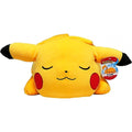 Sleeping Pikachu 18-inch jumbo plush laying flat with closed eyes and a relaxed smile, perfect cozy companion for Pokémon fans