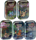 Five small metallic Pokémon tins featuring various characters on a white background.