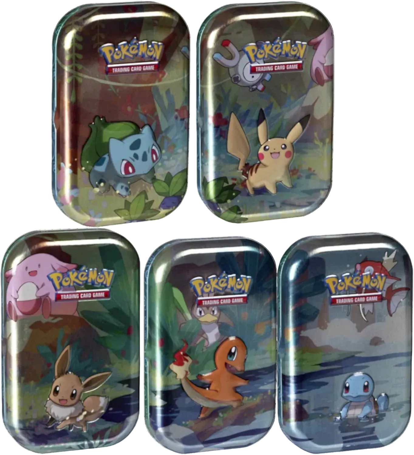 Five small metallic Pokémon tins featuring various characters on a white background.