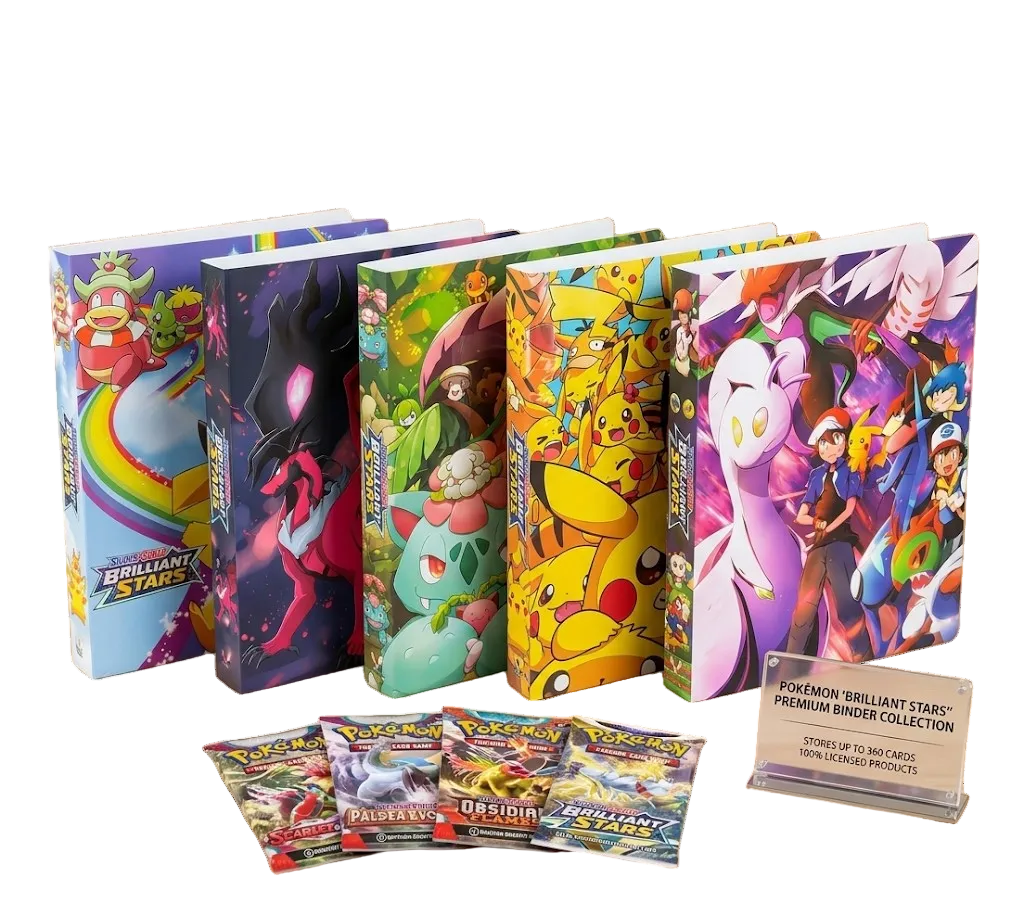 Premium Pokémon Brilliant Stars starter binder with vibrant artwork and 360-card capacity for kids and beginners