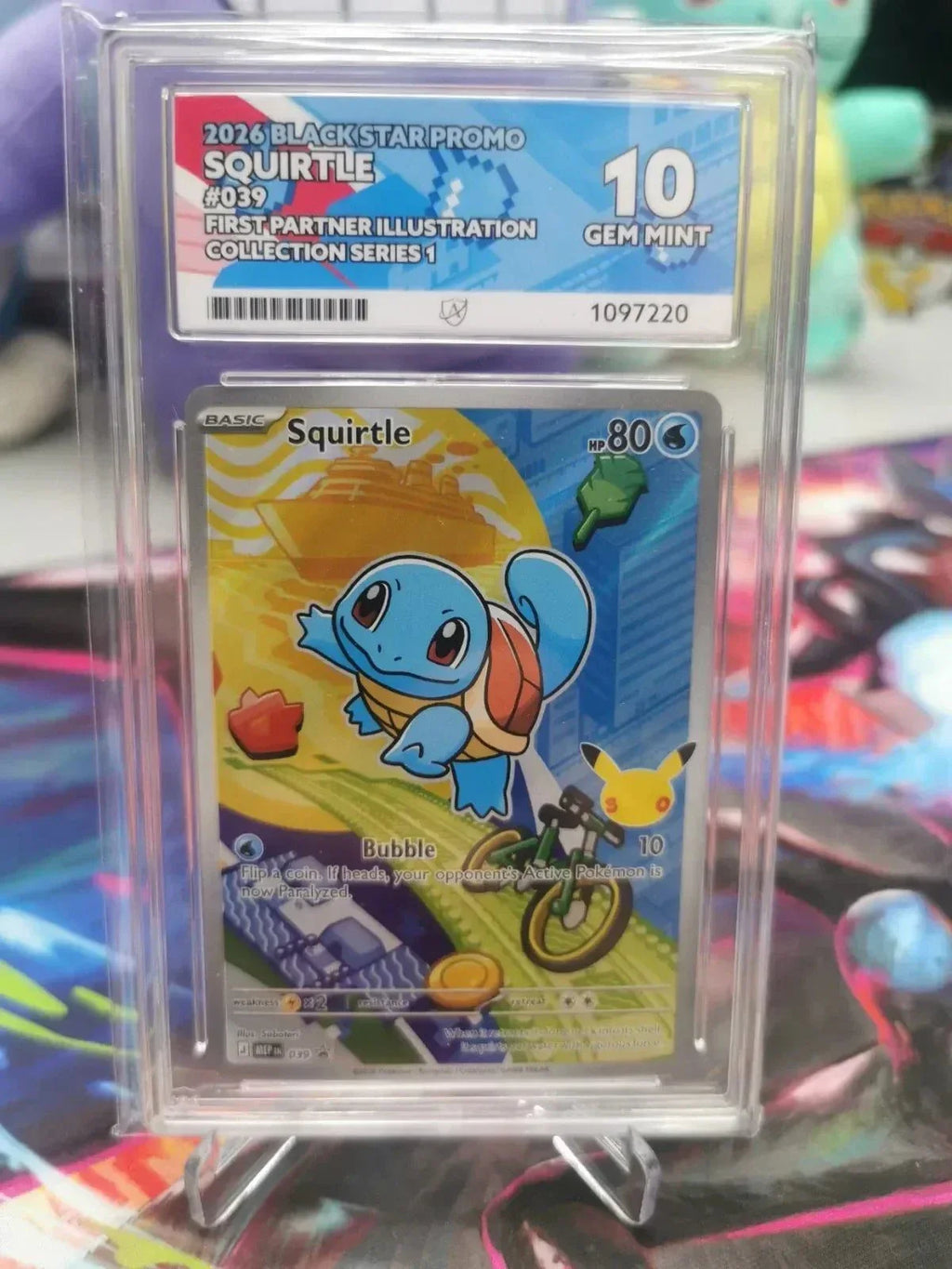 Pokemon Squirtle ACE 10 Gem Mint holographic rare trading card with 80 HP and illustration by Mitsuhiro Arita