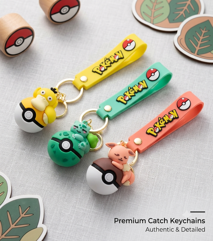 Collection of colorful Pokémon Pokéball keychains featuring Pikachu, Bulbasaur, Charmander, Squirtle, Eevee, and Psyduck in premium 3D design