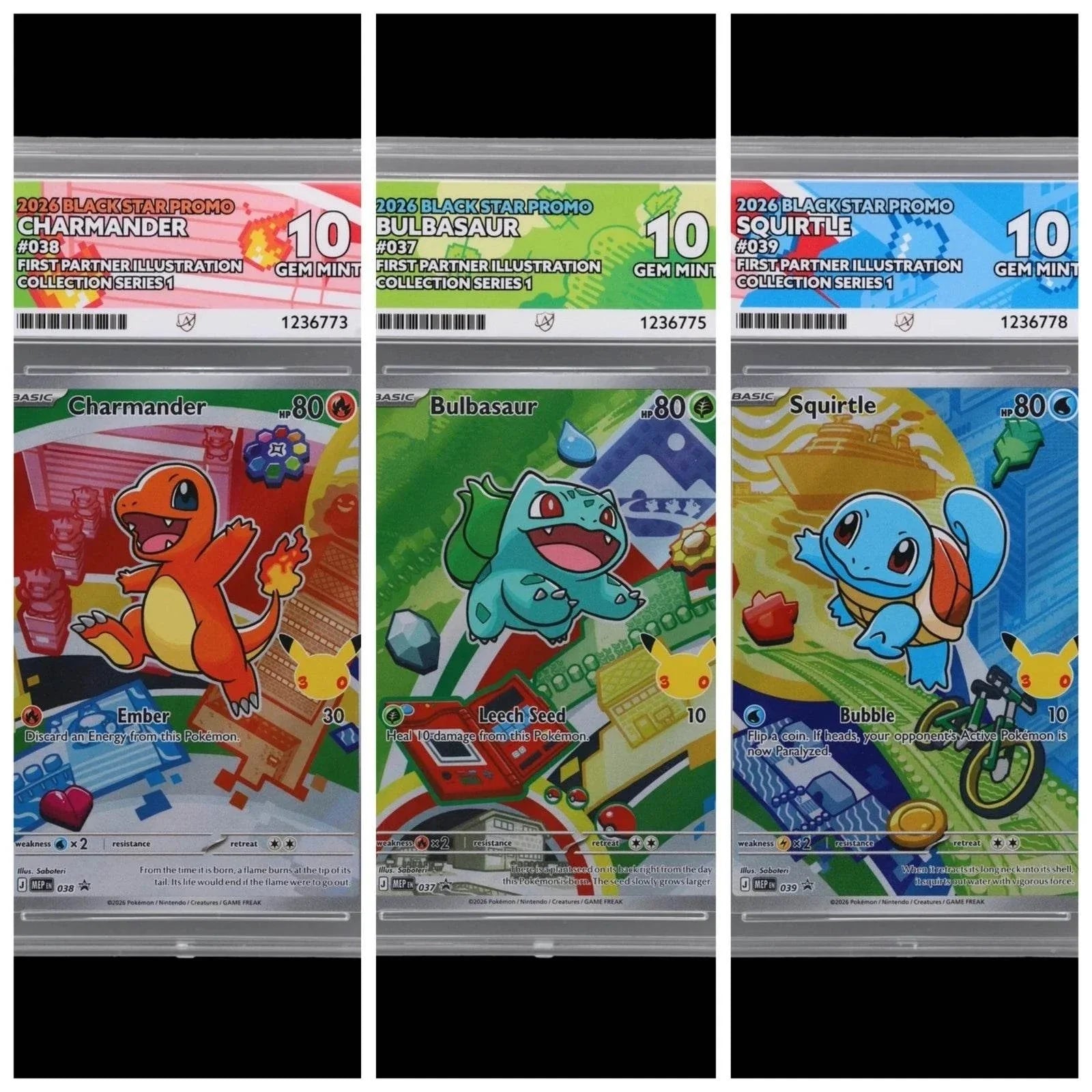 Kanto Starters Gen 1 Bulbasaur Charmander Squirtle ACE 10 Gem Mint Pokémon TCG cards set