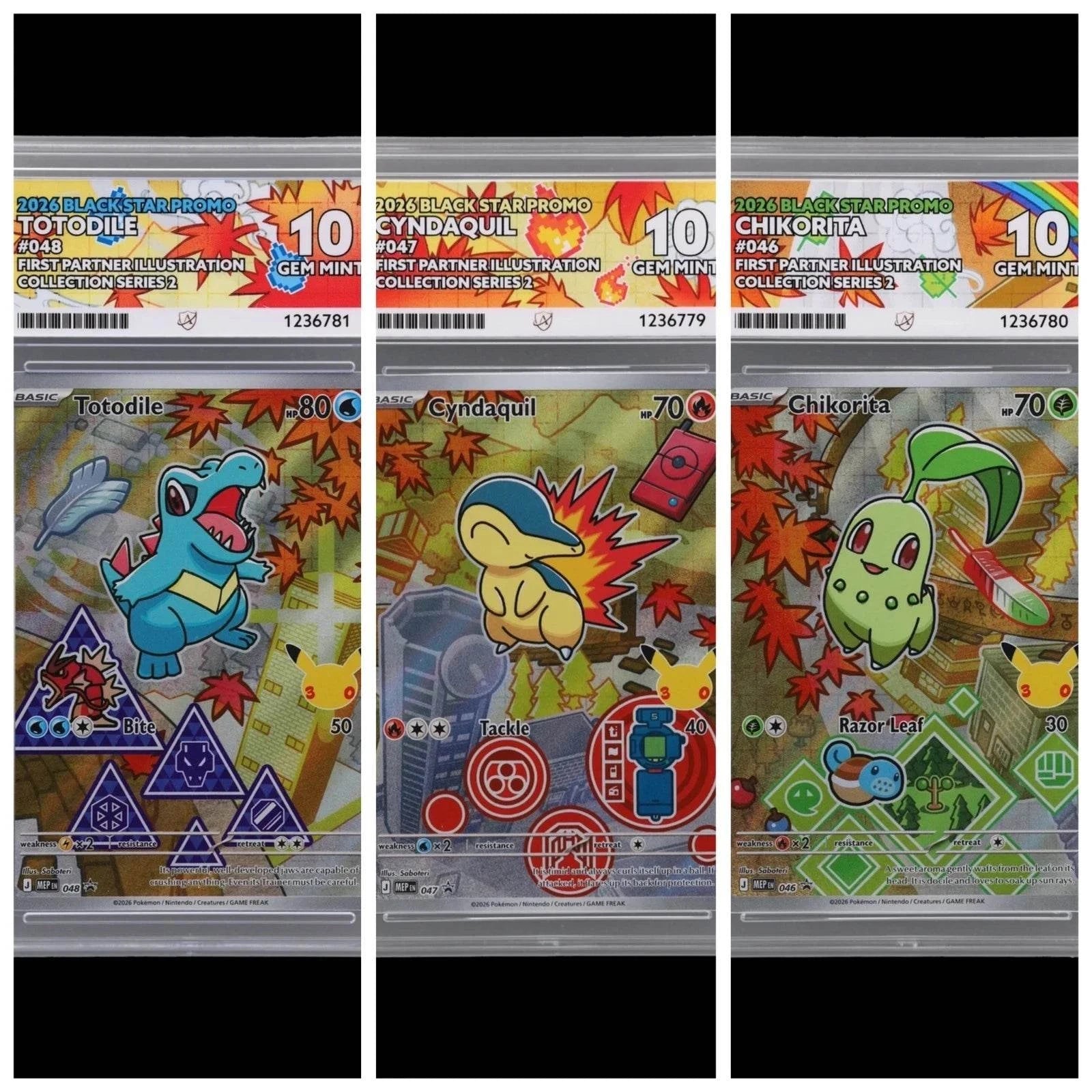 Johto Starters Gen 2 Pokémon TCG ACE 10 Gem Mint set featuring Chikorita, Cyndaquil, and Totodile cards